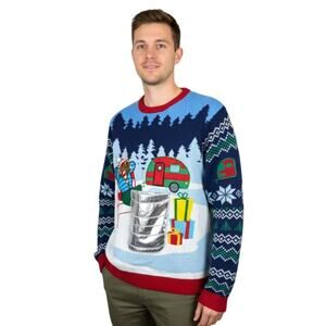 NWT Reindeer Camper Drink Ugly Christmas Sweater XL - Trees, Snowflakes, Gifts